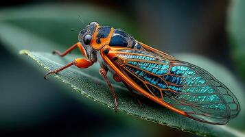 Vibrant cicada resting on a green leaf in a lush garden during sunny daytime photo