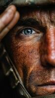 Soldier salutes with determination and resilience in a close-up portrait during a training exercise photo