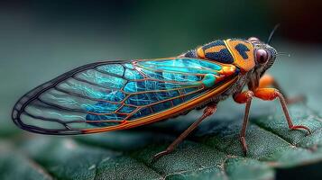 Colorful cicada resting on a green leaf in a vibrant natural setting during daytime photo