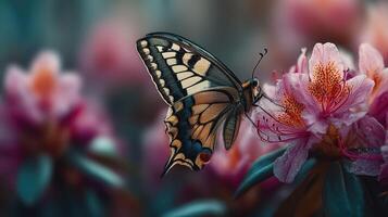 Butterfly resting on blooming pink flowers in a vibrant garden setting during springtime photo