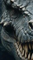 Close-up of a dragon-like creature revealing intricate texture and fierce teeth during a dramatic encounter at twilight photo