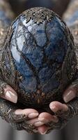 Detailed craftsmanship showcases an ornate blue egg held delicately by hands adorned in intricate silver designs photo