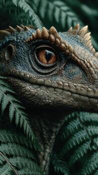 Close-up view of a prehistoric creature amidst lush green ferns in a dense forest setting during daylight hours photo