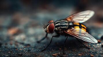 Close-up view of a fly resting on textured surface in natural light at dusk showcasing intricate details of its body and wings photo