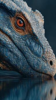 Lifelike close-up view of a reptilian creature partially submerged in water during twilight hours photo