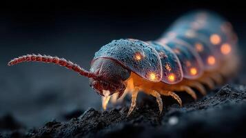 Colorful bioluminescent caterpillar crawls on dark surface at night showcasing its glowing patterns photo