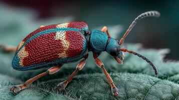 Close-up view of a colorful beetle on a green leaf during a sunny afternoon in a garden photo