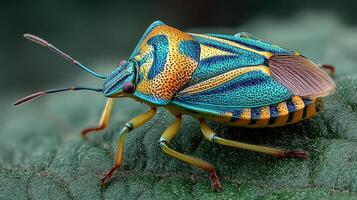 Vibrant insect rests on a leaf showcasing bright colors and intricate details in a natural setting photo