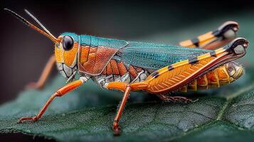Brightly colored grasshopper perched on a leaf captured in natural light during daylight hours photo