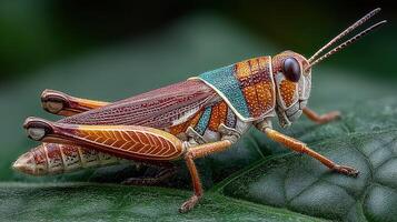 Detailed view of a colorful grasshopper resting on a green leaf in a vibrant garden under natural light photo
