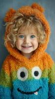 Kid with curly hair smiling in a colorful monster hoodie against a soft background photo