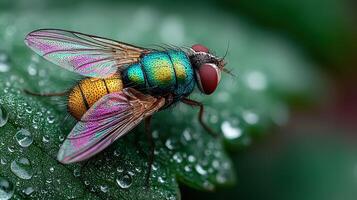 Close-up of a colorful fly resting on a dewdrop-covered green leaf in a vibrant natural setting photo