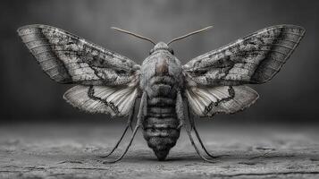 Detailed close-up of a moth perched on a textured surface, showcasing intricate wing patterns and colors in natural lighting photo