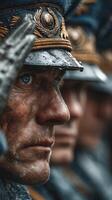 Soldiers in traditional uniforms during a parade showcasing military precision and camaraderie in wet weather conditions photo