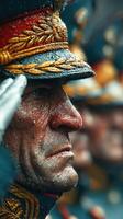 Senior military officer saluting during a ceremonial event in rainy weather at a historical site photo