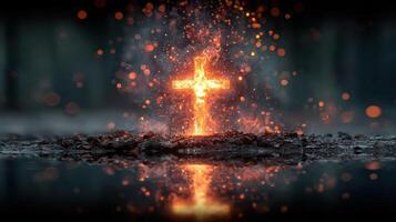 Flaming cross emerges from darkness, illuminated by sparks and glowing embers in a dramatic display of light and shadow photo