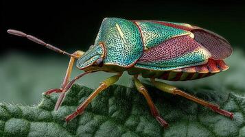 Colorful bug resting on a green leaf during daylight revealing intricate patterns and details of its exoskeleton photo