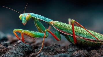 Colorful mantis perched on dark surface showcasing intricate patterns and vibrant hues in a natural environment photo