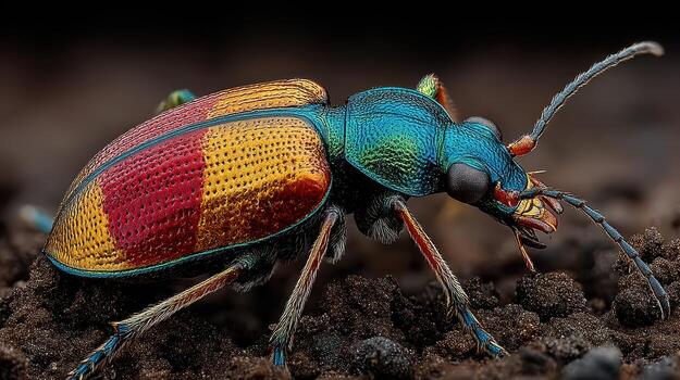 Vibrant multicolored beetle crawling on dark soil in natural environment during daylight photo
