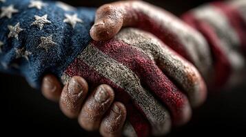 Hands clasped together, embodying unity with American flag colors during a moment of solidarity photo