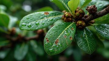 Close-up view of wet green leaves with raindrops in a lush garden during the early morning hours photo