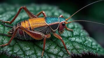 Colorful cricket resting on a green leaf during a humid afternoon in a lush garden photo