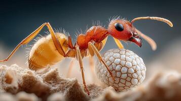 Close-up of an ant carrying an egg in its nest during daylight in a natural setting photo