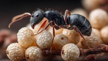 Close-up view of a black ant foraging on white eggs in a natural setting during daylight hours photo
