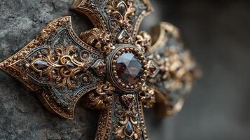 Intricate decorative cross with detailed craftsmanship displayed on textured stone surface photo