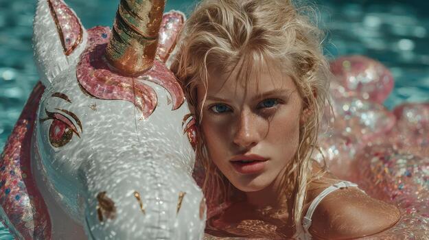 Girl relaxing in pool with unicorn float in sunny outdoor setting during summer photo