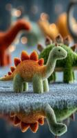 Colorful dinosaur figurines gathered on a soft surface with a blurred festive background in a playful setting photo