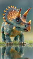 Dinosaur figurine stands proudly beside a still pond in a lush environment during a bright afternoon photo