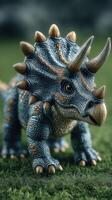 Intricate triceratops figurine on grass during daylight showcasing detailed textures and vibrant colors photo