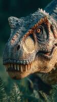 Close-up view of a lifelike dinosaur in a lush prehistoric setting with vibrant foliage photo
