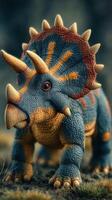Detailed sculpture of a Triceratops in a natural habitat during golden hour of daylight photo