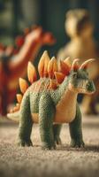 Colorful dinosaur toys in a playful arrangement on a soft surface photo