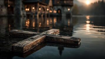 Emotionally charged wooden cross floating on calm water at dusk near a quaint village in the misty mountains photo