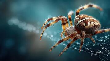 Close-up view of a spider weaving its intricate web in a dark environment with shimmering droplets photo