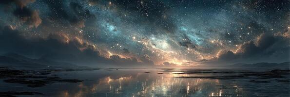 Majestic night sky sparkles over tranquil waterbody at dawn photo