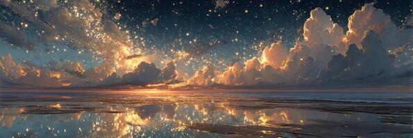 Stunning sunset over calm ocean reflects colorful clouds and starry sky photo