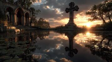 Sunset reflection at historic site with a cross and ancient architecture surrounded by nature photo