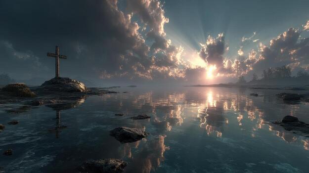 Dramatic sunset over a calm lake with cross reflecting in the water and clouds illuminated by the setting sun photo