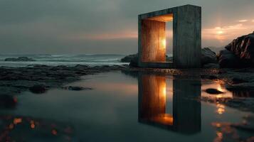 Sunset reflection through a stone frame near the ocean showcasing a tranquil coastal landscape photo