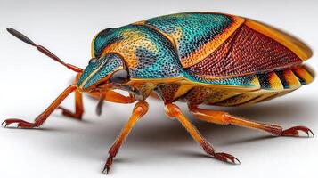 Colorful beetle perched on a smooth surface, showcasing intricate patterns and vibrant colors under bright lighting photo