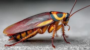 Colorful cockroach displaying intricate patterns and textures against a soft background in a close-up shot photo
