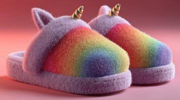 Colorful unicorn slippers with rainbow design against a soft gradient background in a cozy setting photo