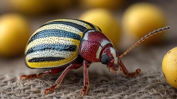 Colorful striped beetle exploring a natural setting among yellow seeds during daylight photo