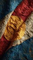 Rustic close-up of an aged Colorado state flag highlighting its unique design and texture under soft lighting photo