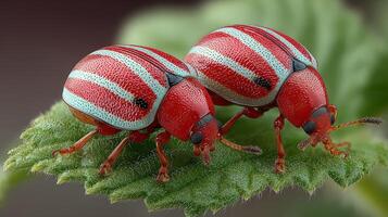 Brightly colored red and blue striped beetles on a green leaf in a natural setting during daylight hours photo