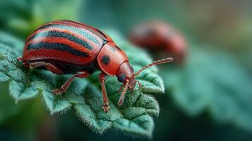 Colorful striped beetle resting on a vibrant green leaf in a lush garden during early morning hours photo